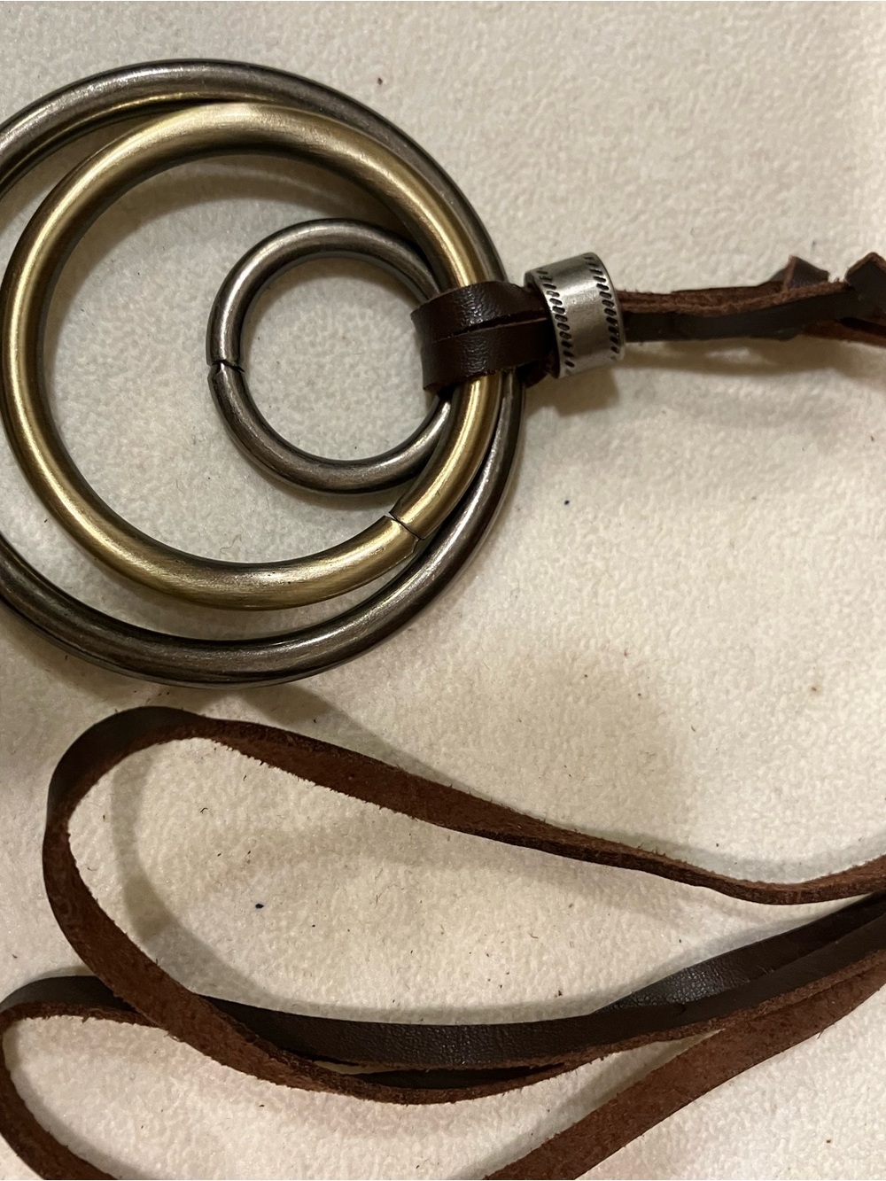 Brown Leather Lanyard with Mixed Metal Rings